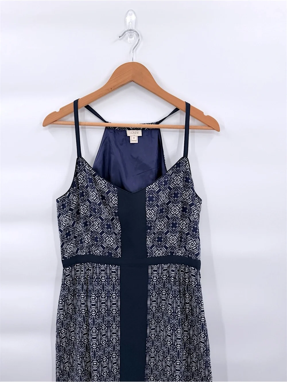 J.Crew Navy White Geometric Print Strappy Maxi Dress Side Slit Size 12